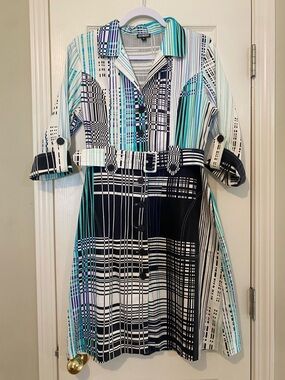 Anni Kuan Geometric Belted Shirt Dress in Teal & Black- Vibrant! Size 8